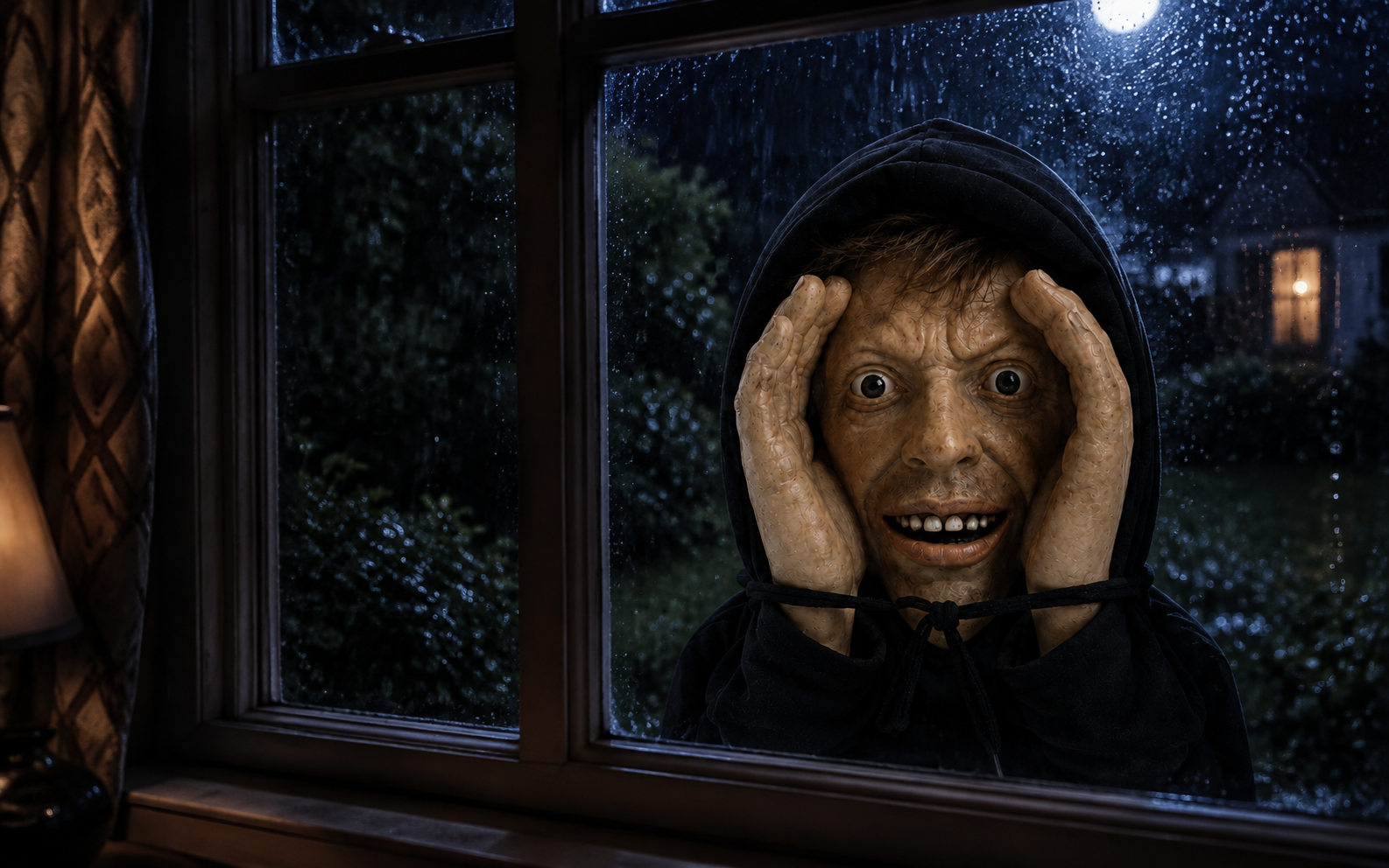 The Window Watcher prank prop pressed against a rain-covered window at night